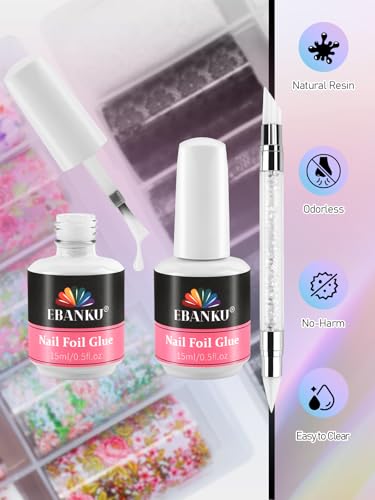 EBANKU Nail Foil Glue Gel, 20 Pcs Nail Art Foil with 30ML Nail Glue, Starry Sky Flower Stickers Transfer Foils Gels Polish Set for Art Salon or Home Use, No Nail Lamp Required
