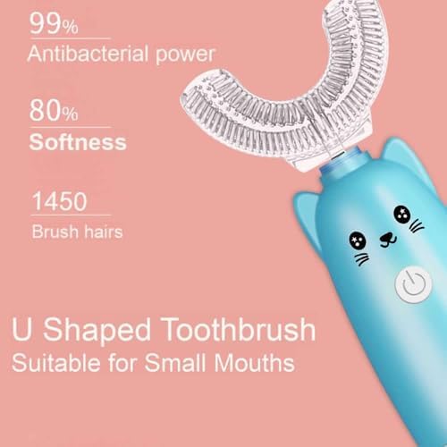 Ariie Ultrasonic Kid's U-Shaped Electric Toothbrush, IPX7 Waterproof, Waterproof Battery Powered 360 Oral Teeth Cleaning Design, Automatic Toddler Toothbrush with Food Grade Soft Silicone Brush Head