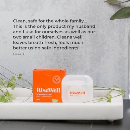 RiseWell Scrubby Floss for Teeth - Natural PFAS Free Dental Floss with Hydroxyapatite and Xylitol - Dentist-Formulated for Plaque Removal - Vegan, Non-Toxic, Expanding, Mint Waxed, 30 Yards