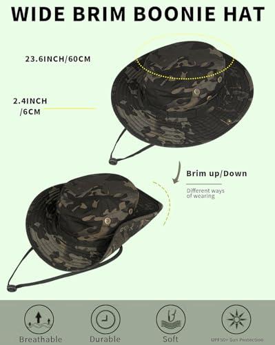Sun Hats for Men Women Bucket Hat UPF 50+ Boonie Hat Foldable UV Protection Hiking Beach Fishing Summer Safari(1pack-Black CP)