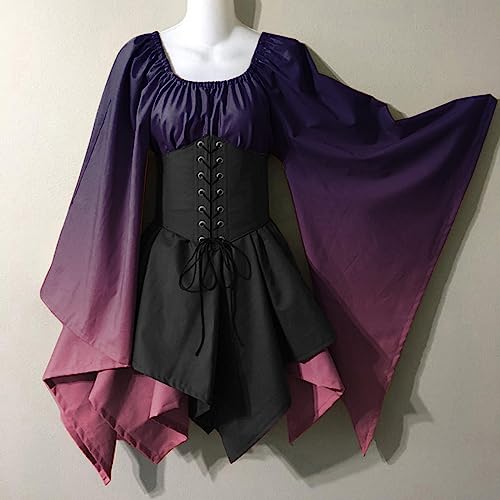 KEGIRLOM Deals of The Day Clearance Prime Womens Women's Medieval Renaissance Dress Costume Flare Sleeve Corset Skirt Overskirt Elven Archer Irish Over Gown 2pcs Set,Princess Dress for Women