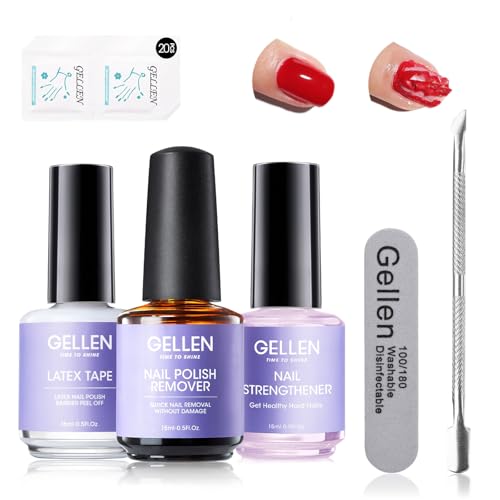 Gellen Gel Polish Remover Kit for Nails, 3-5 minutes Easy Quick Removal with Peel Off Liquid Latex Tape and Nail Strengthener Serum Repair Nourishing Thin Nails, No Need for Wrapping or Soaking