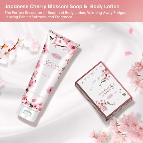 Bath and Body Gift Set for Women & Girls - Japanese Cherry Blossom 7-Piece Luxurious Home Spa Gift Set with Shower Gel, Body Lotion, Bath Oil, Bath Salts, Soap, Bath Bombs, and Candle