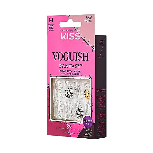 KISS Voguish Fantasy Halloween Nails, Black, Medium Length, Almond Shape, Pink Gel Nail Glue (2g), Mini Nail File, Manicure Stick, & 28 Fake Nails