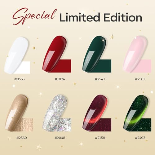 Modelones 8 Colors Gel Nail Polish Kit with U V light, Green Cat Eye Red Gold Sparkle White Glitter Pink Complete Manicure Set Nail Strengthener Base Top Coat Chrome Powder Holiday Gift for Women