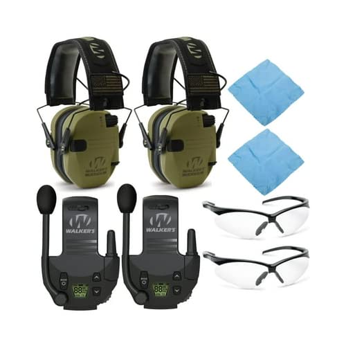 Walker's Razor Slim Electronic Shooting Muffs (OD Green Patriot, 2-Pack) with Walkie Talkies, Shooting Glasses, and Cleaning Cloths Bundle (8 Items)