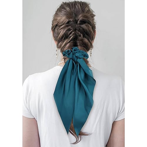 Cinaci 12 Pieces Solid Silky Satin Chiffon Hair Ties with Long Ribbon Bow Tail Hair Scrunchies Ponytail Holders Rubber Bands Accessories for Women Girls Teens