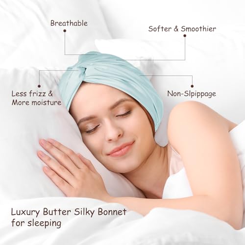 Adjustable Silky Satin Bonnet for Sleeping, Women Night Wrap Sleep Cap, Large Turban Include a Scrunchie for Long Hair Braid Stay on Head (Aqua Blue)