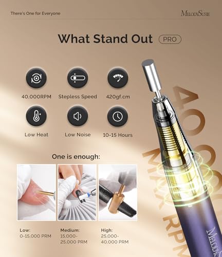 MelodySusie Professional 2 in 1 Nail Drill Kit 40,000 RPM, MB420G Brushless Portable Cordless Rechargeable Electric Nail File, Efile Nail Drill Machine for Acrylic Gel Nails Polishing Removing, Purple