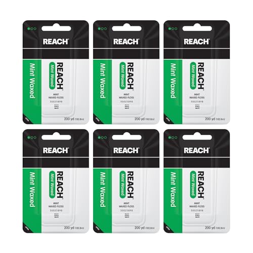 REACH Waxed Dental Floss, Mint, Plaque Remover for Teeth, Shred Resistant, Floss Slides Smoothly, Easy to Use, Waxed, Deep Cleaning Teeth, Oral Care, PFAS Free, for Adults & Kids, 6 Pack, 200 yd