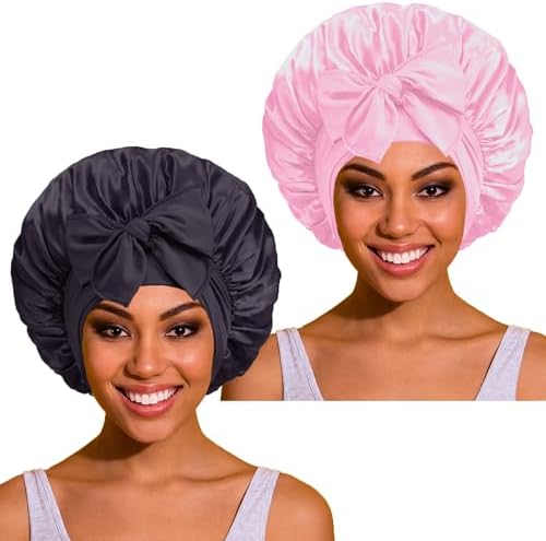 2Pack Bonnet with Tie Band, Satin Silk Bonnet for Sleeping, Sleep Bonnets for Women, Large Sleep Cap for Braids Curly Hair