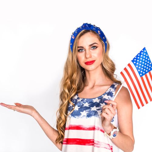 2Pcs 4th of July Headband for Women, Rhinestone Knotted Design with USA Flag Star Hair Hoop, Patriotic Independence Day Memorial Day Wide Hair Accessory with Jeweled Crystal (Red&Blue)