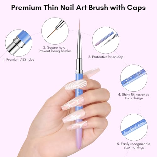 Makartt Nail Art Brushes Set: 5pcs Liner Brushes 7/9/11/15/25mm Thin Nail Art Design Brush with Cap Nail Polish Brush for Builder Gel 3D Nail Gel French Tip Tool Nail Painting