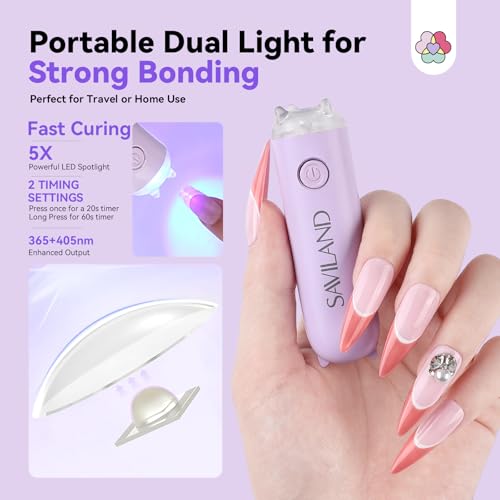 SAVILAND Pro Solid Nail Glue Gel & Remover Kit: 30 Days Long Lasting Gel Glues 20 g Strong Bond Gel Glues for Nails with 60 ml Quick Press On Nails Remover & Mini Nail Lamp for Press Ons
