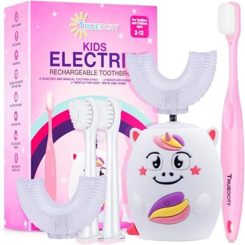 Trueocity Kids U Shape Toothbrush Auto Electric Toddler Rechargeable Kids Automatic Toothbrush | 360° U-Shaped Silicone Brush Head | Gentle Cleaning for Ages 2–7 | Unicorn Design (Pink)