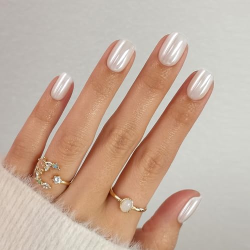Pearl White Press on Nails Short - Soft Gel Chrome Press on Nails Square for Women Gift, Glossy Glue on Nails in 16 Sizes - 32 Reusable Fake Nails with Glue, Pearl White