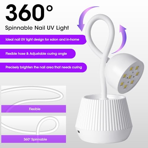Gellen Gooseneck U V Lamp for Gel Nails, Rechargeable Flash Cure Lamp, 365+405nm 24W Nail UV Light, Smart Sensor Cordless Mini U V Light for Nail Art