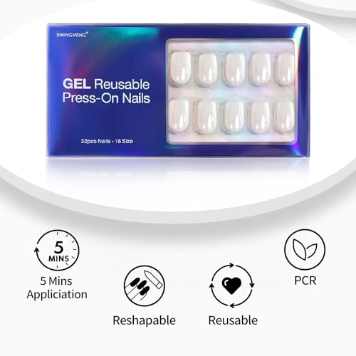 Pearl White Press on Nails Short - Soft Gel Chrome Press on Nails Square for Women Gift, Glossy Glue on Nails in 16 Sizes - 32 Reusable Fake Nails with Glue, Pearl White