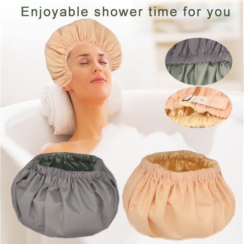 2Pcs Genergy Shower Cap for Women, Adjustable, Large& Reusable &Satin Lined Shower Cap Waterproof Washable &Double Layers &Reversible (Litht grey+Apricot)