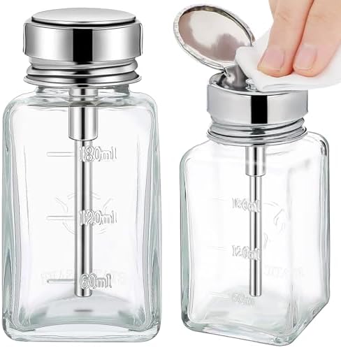Noverlife 2PCS 6Oz / 180ml Clear Pump Dispenser Bottle, Square Glass Push Down Liquid Dispensers, Nail Polish Remover Hand Pumping Press Container with Flip Top Cap Refillable Push Down Pump Dispenser
