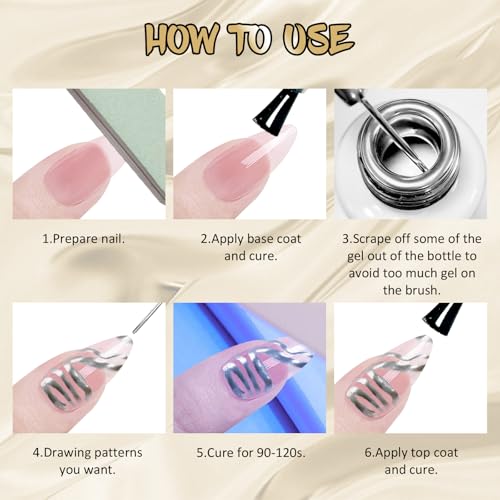 4x12ml Metallic Mirror Painting Liner Gel Polish Set, Mirror Chrome Holographic Laser Effect Painted Nail Polish, Metal Drawing Striper Gel Build in Thin Brush Nail Art Manicure Set