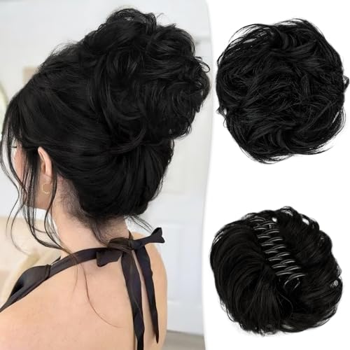 RUWISS Claw Clip Messy Bun Hair Piece Real Human Hair Buns Curly Chignon Hair Bun Extensions Wavy Tousled Updo Hair Buns Claw Clip Ponytail Hairpieces Hair Scrunchie with Clip for Women（Light Brown）