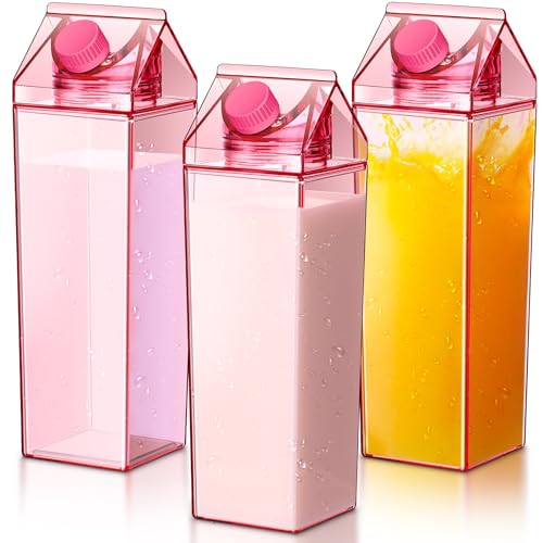Remerry 3 Pcs 34oz Milk Carton Water Bottle Square Milk Bottle Plastic Coffee Milk Carton Bottle Portable Reusable Milk Carton Cup Leakproof Carton Shaped Juice Bottle (Pink)