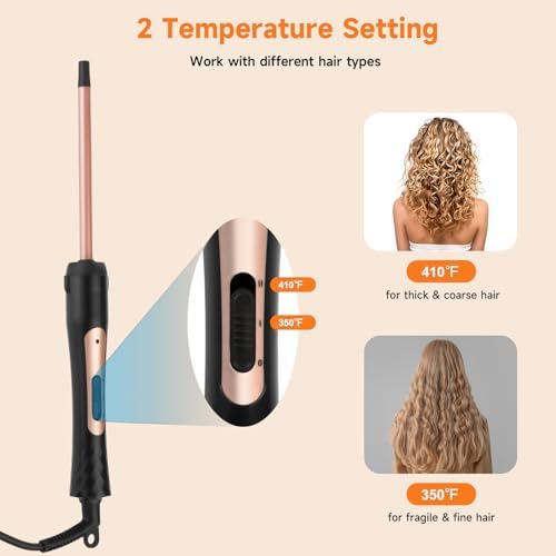 3/8 Inch Curling Wand Iron Small Curling Wand Tight Curls Tourmaline Ceramic Barrel for Short & Long Hair Skinny Wand Curler Styler with Clampless 350°F/410°F Temperature Adjustable