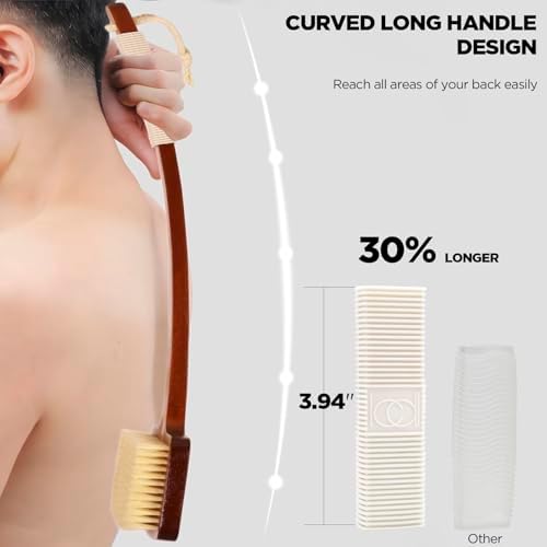 Exfoliation Set-17.71 Inch Boar Bristles Back Scrubber Bath Brush,Shower Brush with No-Slip Curved Handle,Dual-Sided Face Exfoliation Glove
