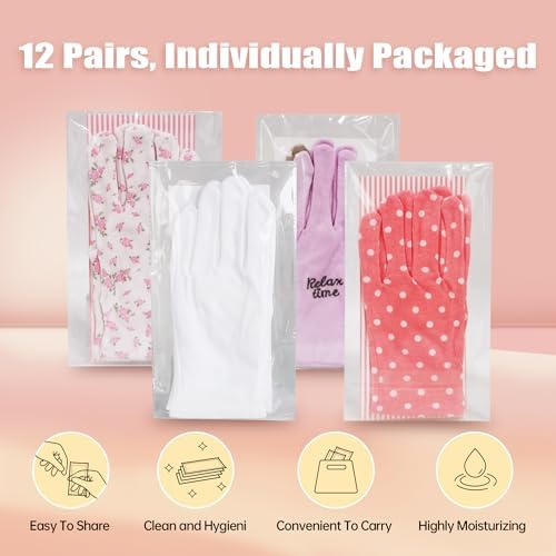 12 Pairs Premium 100% Cotton Gloves, Dry Hands & Eczema, Overnight Lotion & Spa Treatment for Women & Men, Reusable | White Floral Dots