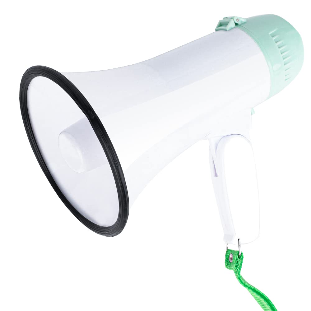 MyMealivos Portable Megaphone Bullhorn 20 Watt Power Megaphone Speaker Voice and Siren/Alarm Modes with Volume Control and Strap (White&Green)