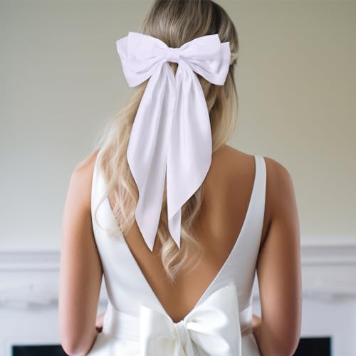 25 Pcs Satin Hair Bows Bulk Silky Big Hair Bows for Women Oversized Long Tail Ribbons Large Knot Clips Barrettes for Holiday Gifts(Plain)
