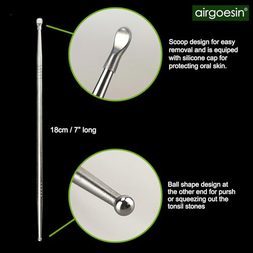 Airgoesin 3-In-1 Tonsil Stone Removal Remover Kit, Tonsil Stone Vacuum Suction Kit, Long Tonsil Stone Stainless Steel Pick 18cm/ 7” with Protection Cap, Curved Oral Irrigation Syringe 12ml with Scale