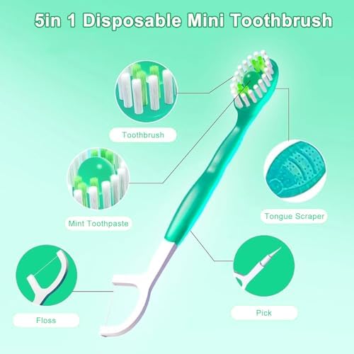 5 in 1 Toothbrush & Floss, 26Pcs mini toothbrushes with Toothpaste, All in one Oral Care on The go, 5 in 1 mini Brush, Toothpaste and Floss, Disposable Travel Toothbrush Set (1)