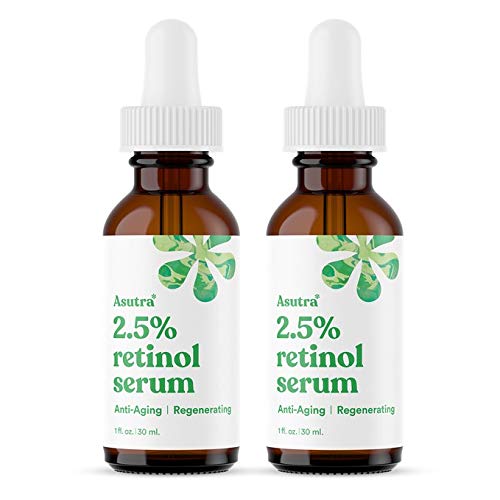 Asutra 2.5% Retinol Serum, 1 Fl Oz (Pack Of 2) - Hyaluronic Acid, Vitamin E, Wheat Germ, Aloe, & Jojoba Oil, Plumping Face Serum