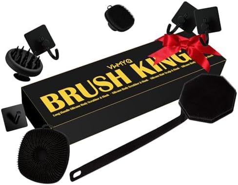 VWMYQ Silicone Body Scrubber Set, Includes Back & Body Scrubbers, Face Brush, Scalp Massager, 4 Storage Hooks, Shower & Bathroom Hygiene Accessories for Present(Black)