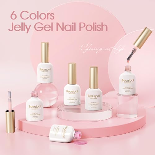 Beautpal Nude Gel Polish Set, 6pcs Jelly Gel Polish Nude Pink Neutral Color Translucent Gel Nail Kits for Salon Gel Manicure and Nail Art DIY at Home 8ml
