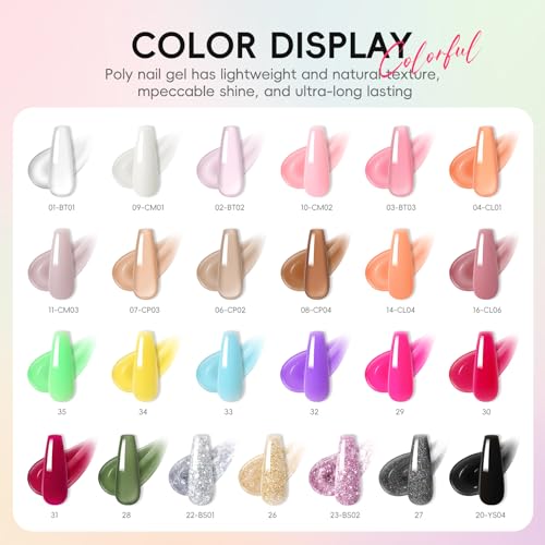 PEACECOLOR 45Pcs Poly Nail Gel Kit with U V Light, 25 Colors Glitter Pink Nude Blue Green Nail Extension Gel Starter Kit with Slip Solution Glossy Matte Top Coat DIY Home Salon