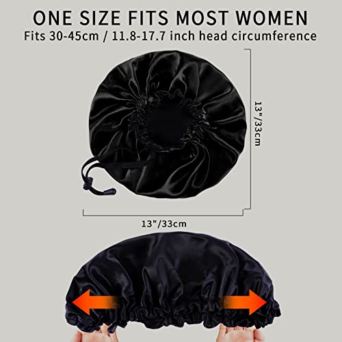 22 Momme 100% Mulberry Silk Bonnet Hair Wrap for Sleeping, Adjustable Silk Scrunchies Sleep Cap for Women Men Hair Care, Head Scarf Night Caps with Elastic Stay On Head, 1Pc(Black,Black)