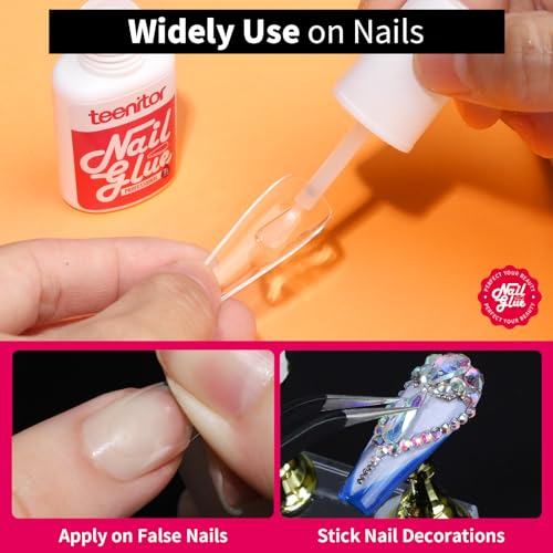 Teenitor Pink Nail Glue, 10 Pack Brush On, Strong for Press Ons & Acrylic Nails, Water Resistant, Fast Drying, No Lamp Needed