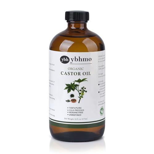Cold Pressed Castor Oil Organic Glass Bottle(16 Fl Oz),100% Pure &Hexane Free, Castor Oil for Hair Growth & Care, Thicker Eyelashes & Eyebrows,Castor oil pack & Moisturize Body Skin