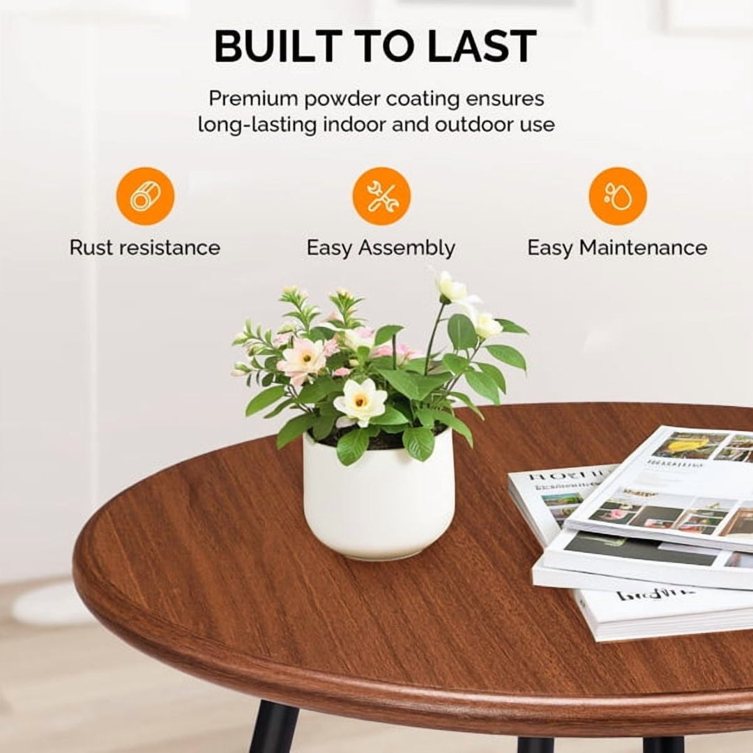 Round Adjustable Side Table, 20" Imitation Wood Top & Powder-Coated Steel Frame, Rust-Resistant Indoor/Outdoor End Table