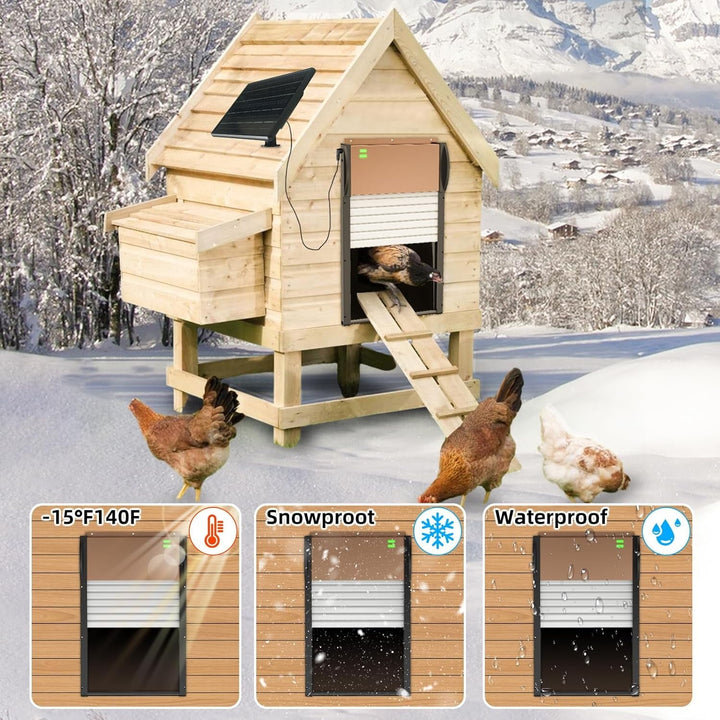 Automatic Chicken Coop Door Solar Powered with Timer, Programmable Light Sensor Openers with Remote Control, Anti-Pinch Aluminum Auto Chicken Coops Doors with 5 Modes for Farm, Outdoor, Yard, Brown