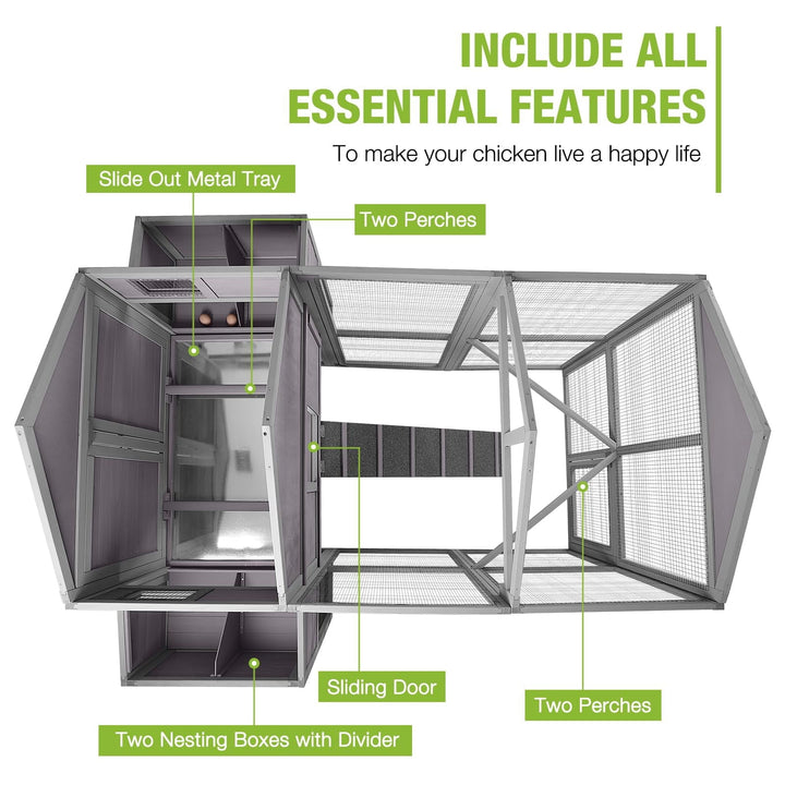 BUTINGLALE Chicken Coop with Large Nesting Boxes Outdoor Hen House with 30.5ft² Sleeping Area and Run for 6 to10 Chickens 75.7" L x 65.7" W x 59.1" H