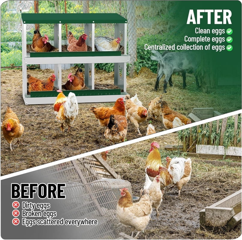Chicken Nesting Box 6 Compartments Laying Boxes, Metal Chicken Egg Laying Box with Rollout Egg Collection, Large Vented Holes Chicken Coop for Chickens, Hens (Green)