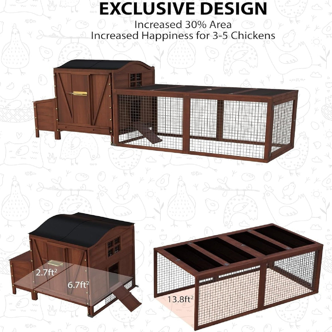Rabbit Cage, 106in Wooden Chicken Coop for 3-5 Chickens, Small House for Ducks Dogs Cats Guinea Pigs Pigeons Tortoises with Run, Waterproof Roof, Nesting Box, Trays, Ramp