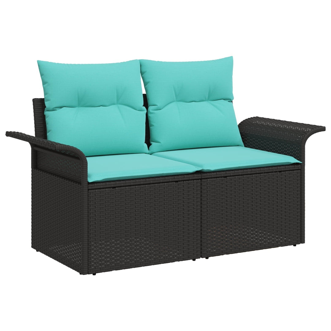 vidaXL 5 Piece Garden Sofa Set with Cushions Black Poly Rattan Acacia, vidaXL 2-Seater Garden Sofa with Cushions Black Poly Rattan
