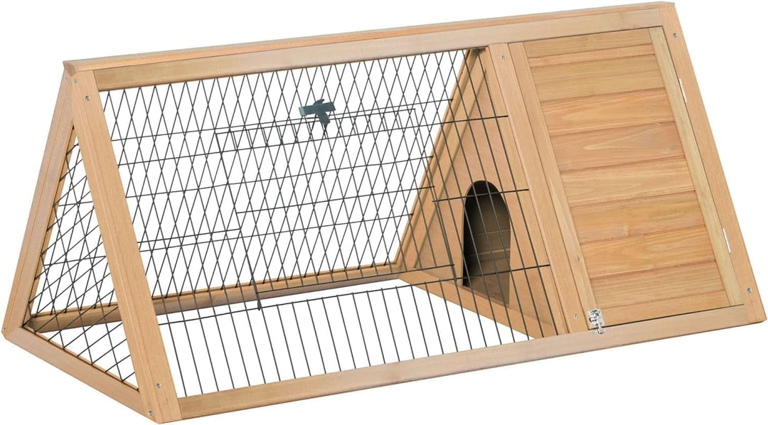46" x 24" Wooden A-Frame Outdoor Rabbit Cage Small Animal Hutch with Outside Run & Ventilating Wire, Yellow