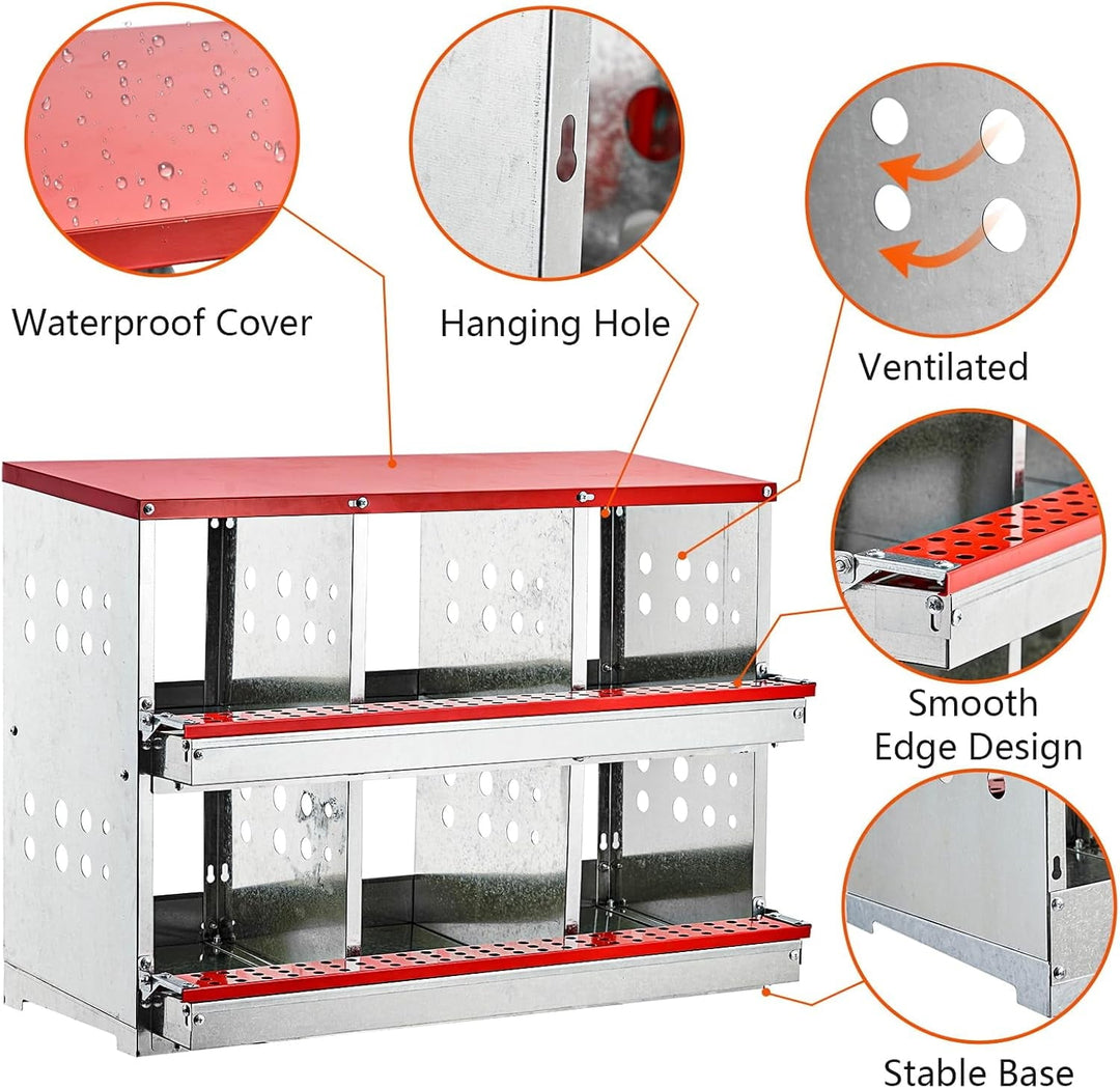 Nesting Boxes for Chickens, 6 Compartment Roll Out Away Chicken Nesting Boxes for Laying Eggs, Nesting Gift Boxes for Hens Duck Poultry, Metal Heavy Duty Chicken Coop with Perch