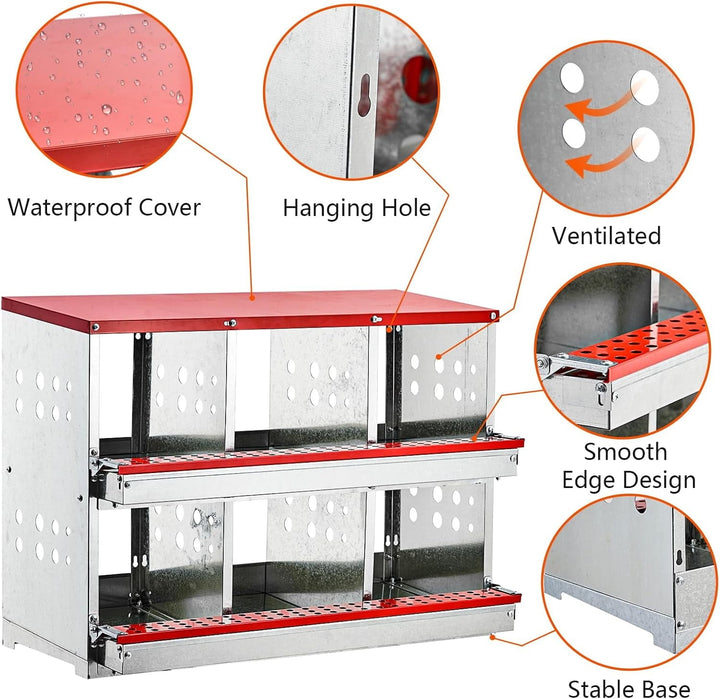 Nesting Boxes for Chickens, 6 Compartment Roll Out Away Chicken Nesting Boxes for Laying Eggs, Nesting Gift Boxes for Hens Duck Poultry, Metal Heavy Duty Chicken Coop with Perch